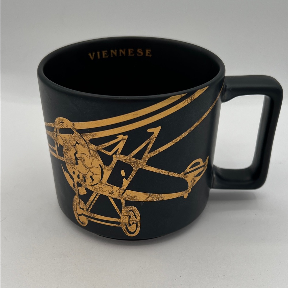 Starbucks Viennese Mug 14 oz Black & Gold Airplane Design (2016)
